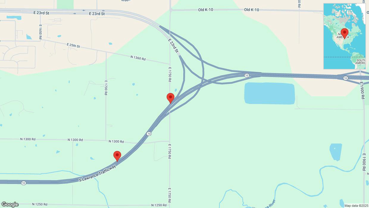 A detailed map that shows the affected road due to 'Heavy snowfall on westbound K-10 in Lawrence' on January 9th at 10:56 p.m.