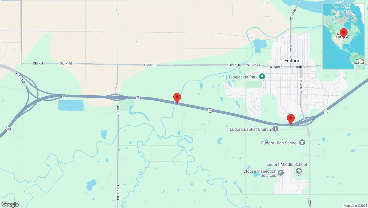 A detailed map that shows the affected road due to 'Heavy snowfall on eastbound K-10 in Eudora' on January 9th at 11:07 p.m.