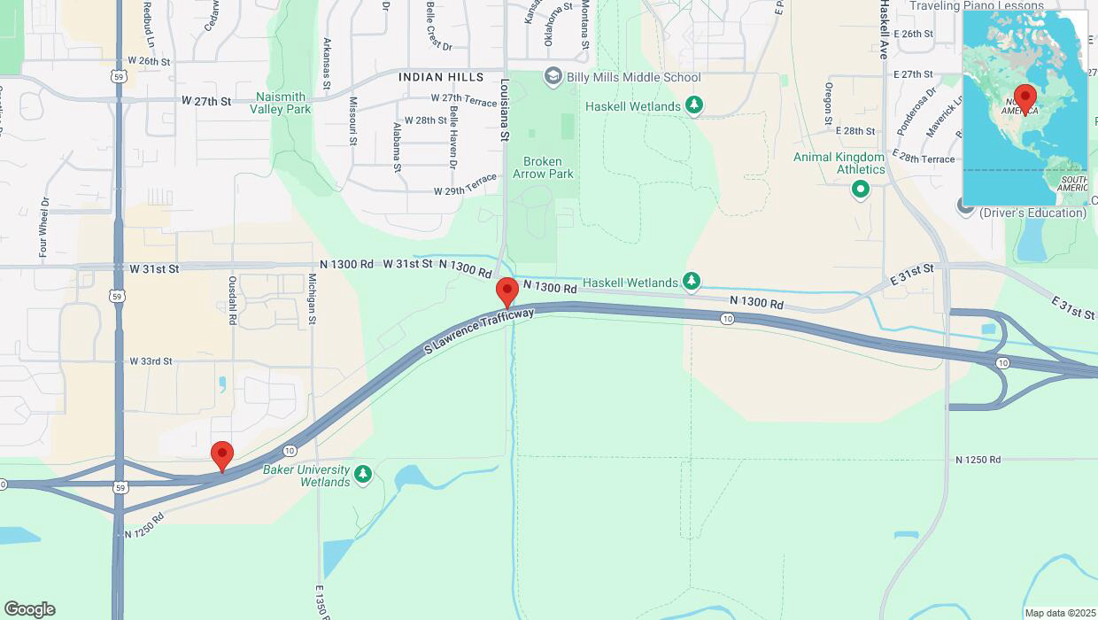 A detailed map that shows the affected road due to 'Heavy snowfall on westbound K-10 in Lawrence' on January 9th at 11:29 p.m.