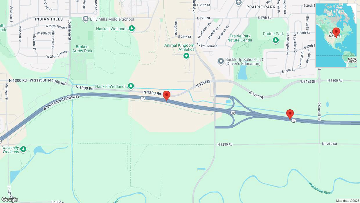 A detailed map that shows the affected road due to 'Heavy snowfall on eastbound K-10 in Lawrence' on January 9th at 11:29 p.m.