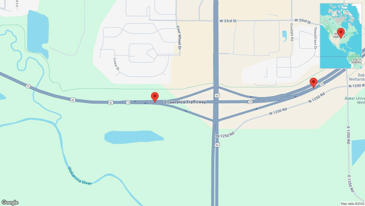 A detailed map that shows the affected road due to 'Heavy snowfall on eastbound K-10 East in Lawrence' on January 9th at 11:33 p.m.