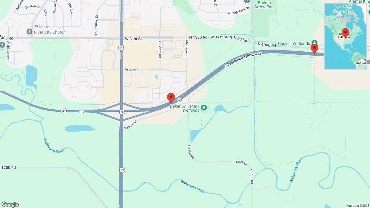 A detailed map that shows the affected road due to 'Heavy snowfall on eastbound K-10 in Lawrence' on January 9th at 11:33 p.m.