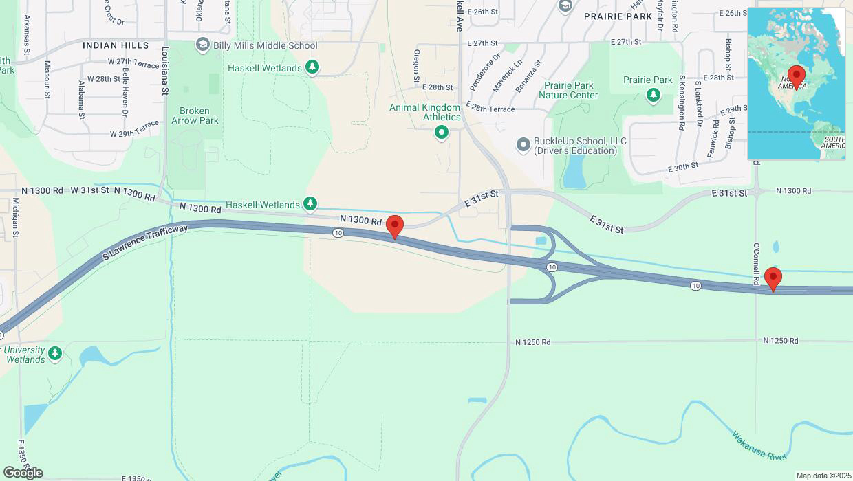 A detailed map that shows the affected road due to 'Heavy snowfall on eastbound K-10 in Lawrence' on January 9th at 11:39 p.m.