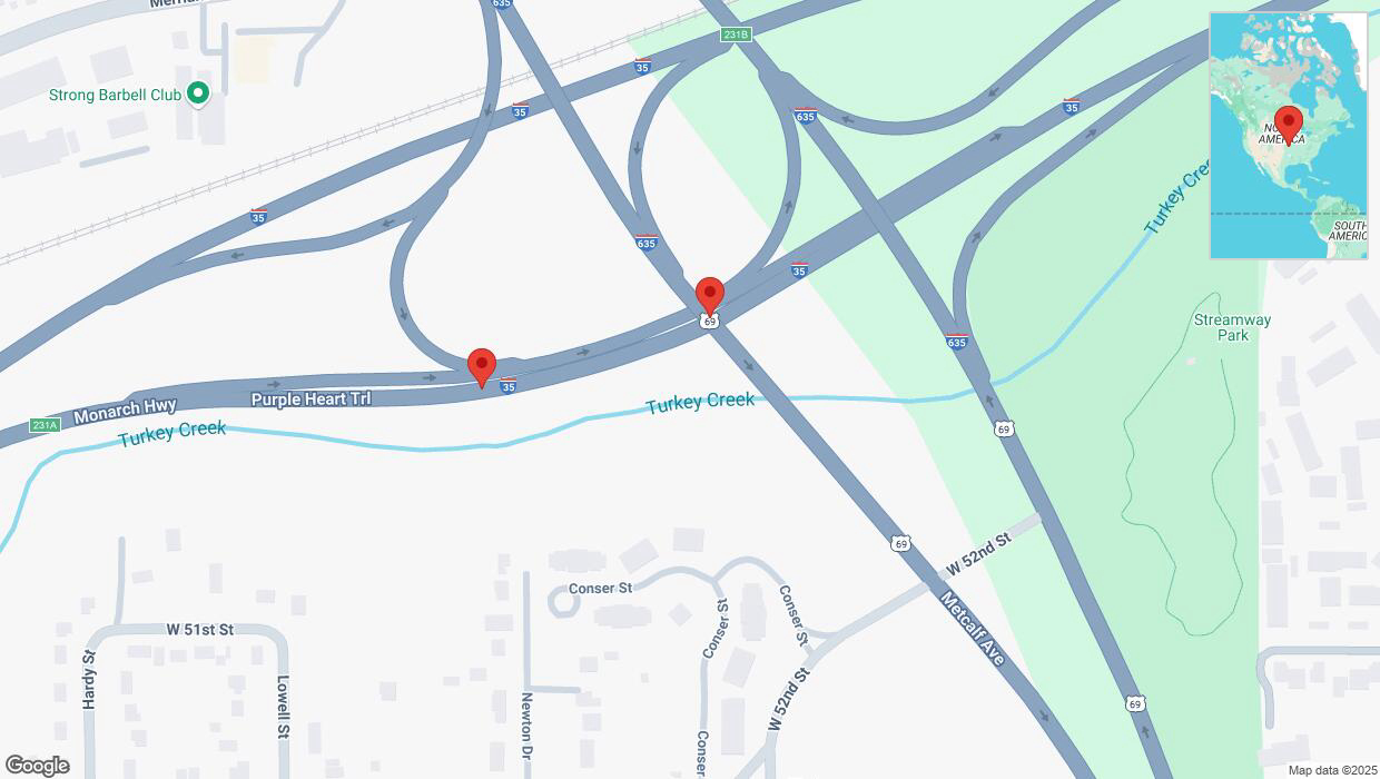 A detailed map that shows the affected road due to 'Broken down vehicle on northbound I-35 in Mission' on January 10th at 6:12 p.m.