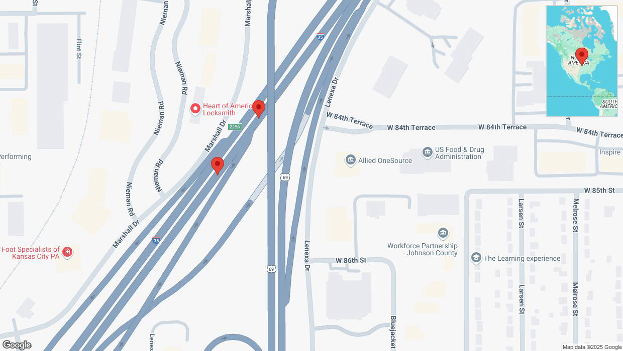A detailed map that shows the affected road due to 'Broken down vehicle on eastbound I-35 in Overland Park' on January 10th at 6:17 p.m.
