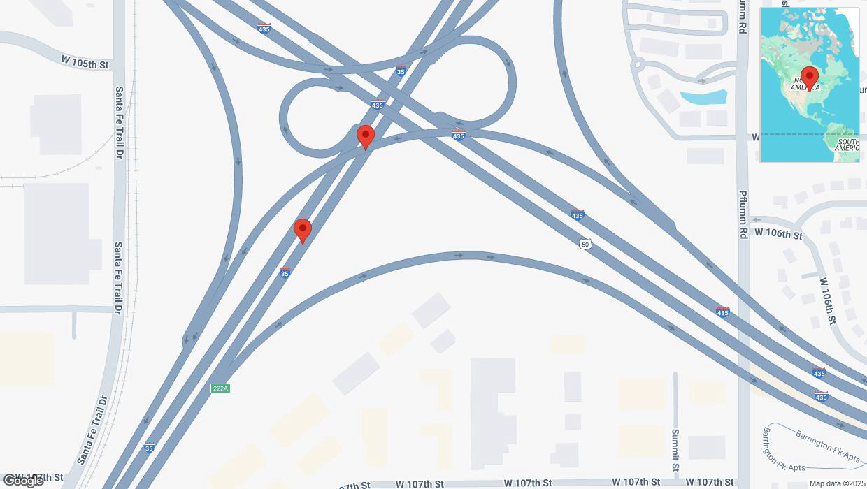 A detailed map that shows the affected road due to 'Broken down vehicle on eastbound I-35 in Lenexa' on January 10th at 7:45 p.m.