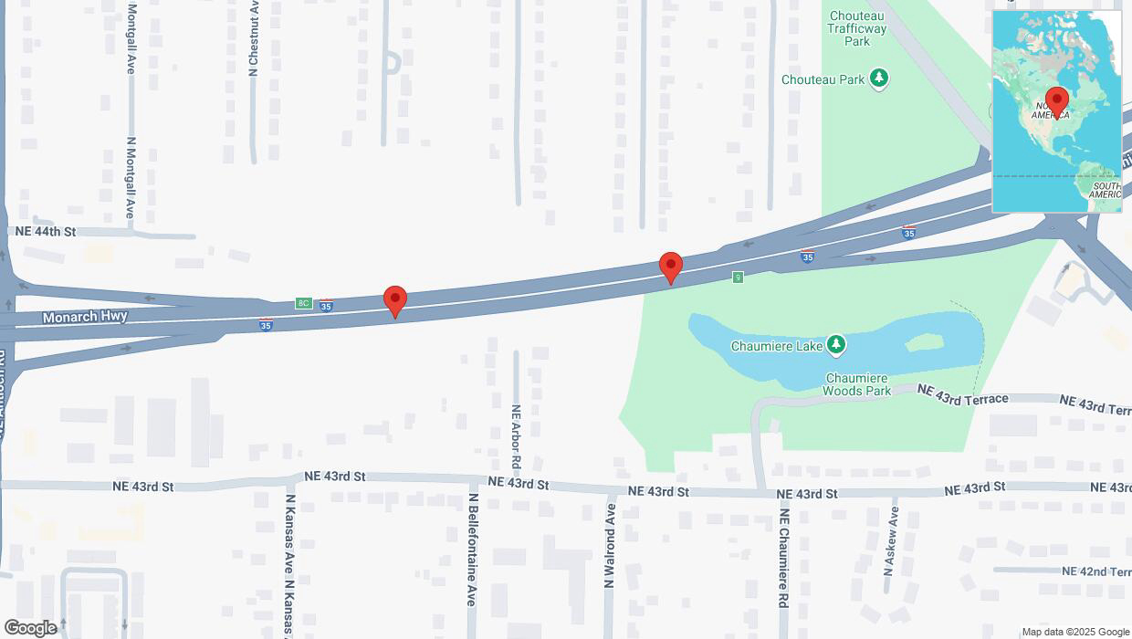 A detailed map that shows the affected road due to 'Broken down vehicle on northbound I-35 in Kansas City' on January 10th at 9:44 p.m.