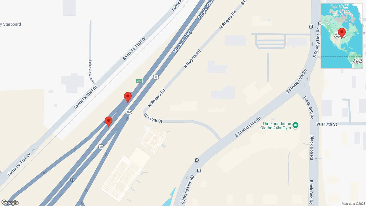 A detailed map that shows the affected road due to 'Broken down vehicle on westbound I-35 in Olathe' on January 11th at 4:30 p.m.