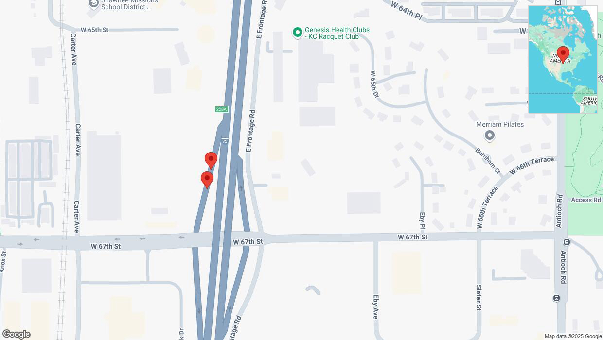 A detailed map that shows the affected road due to 'Broken down vehicle on the Monarch Highway in Merriam' on January 11th at 5:36 p.m.