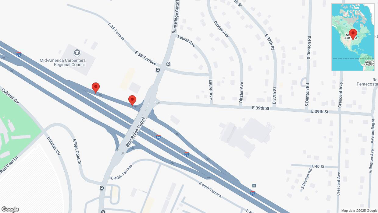 A detailed map that shows the affected road due to 'Broken down vehicle on Blue Ridge Cutoff in Kansas City' on January 12th at 3:35 p.m.