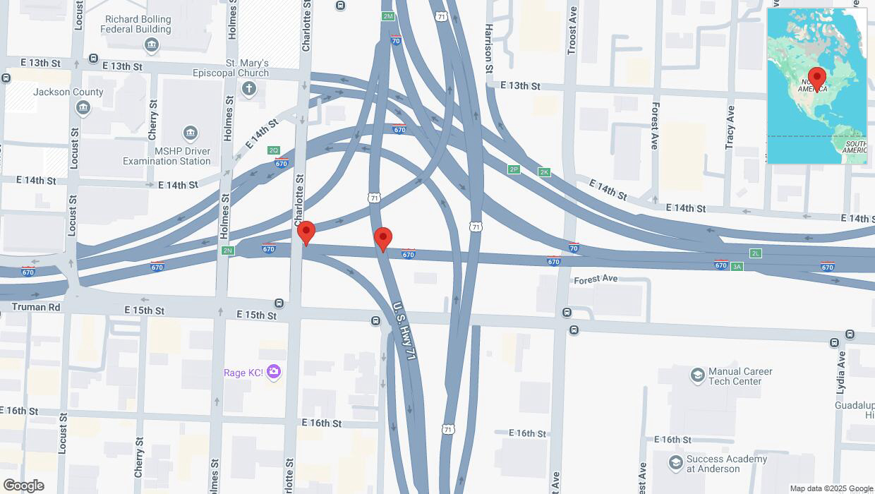 A detailed map that shows the affected road due to 'Broken down vehicle on eastbound I-670 in Kansas City' on January 12th at 3:18 p.m.