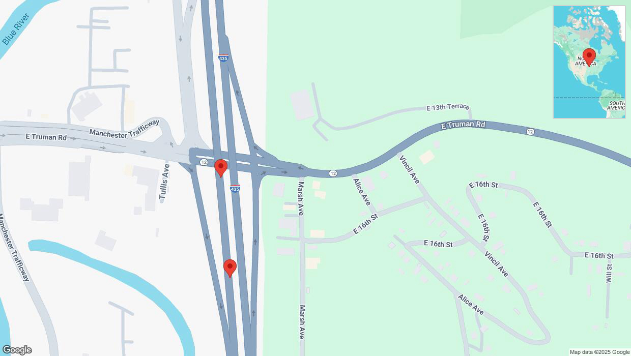 A detailed map that shows the affected road due to 'Broken down vehicle on southbound I-435 in Kansas City' on January 12th at 11:22 p.m.