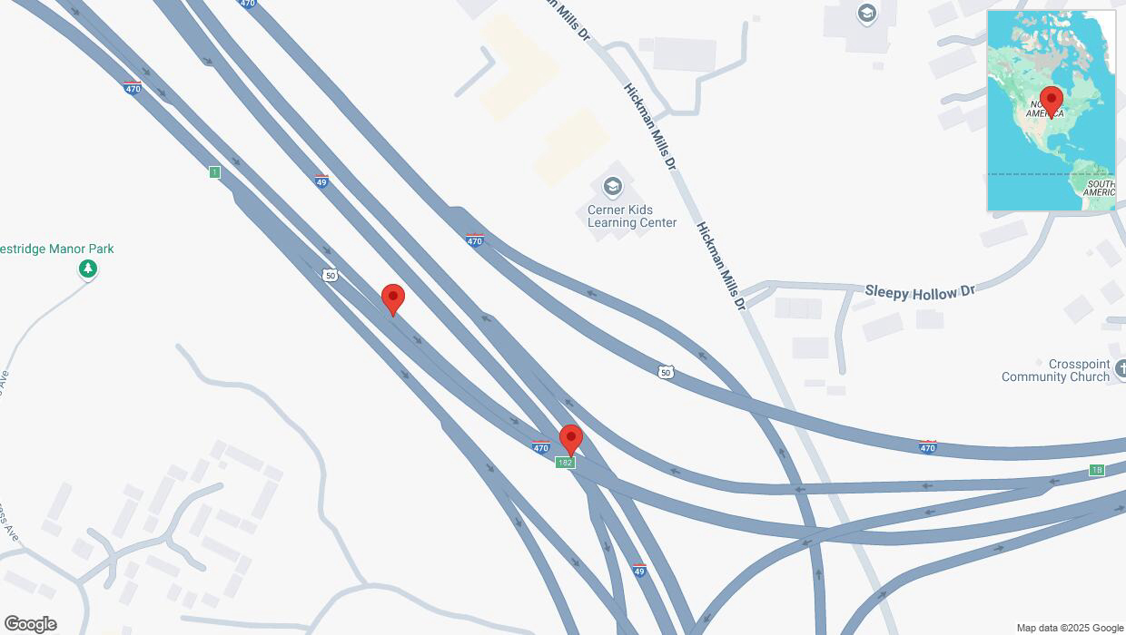 A detailed map that shows the affected road due to 'Broken down vehicle on U.S. 50 in Kansas City' on January 12th at 10:47 p.m.