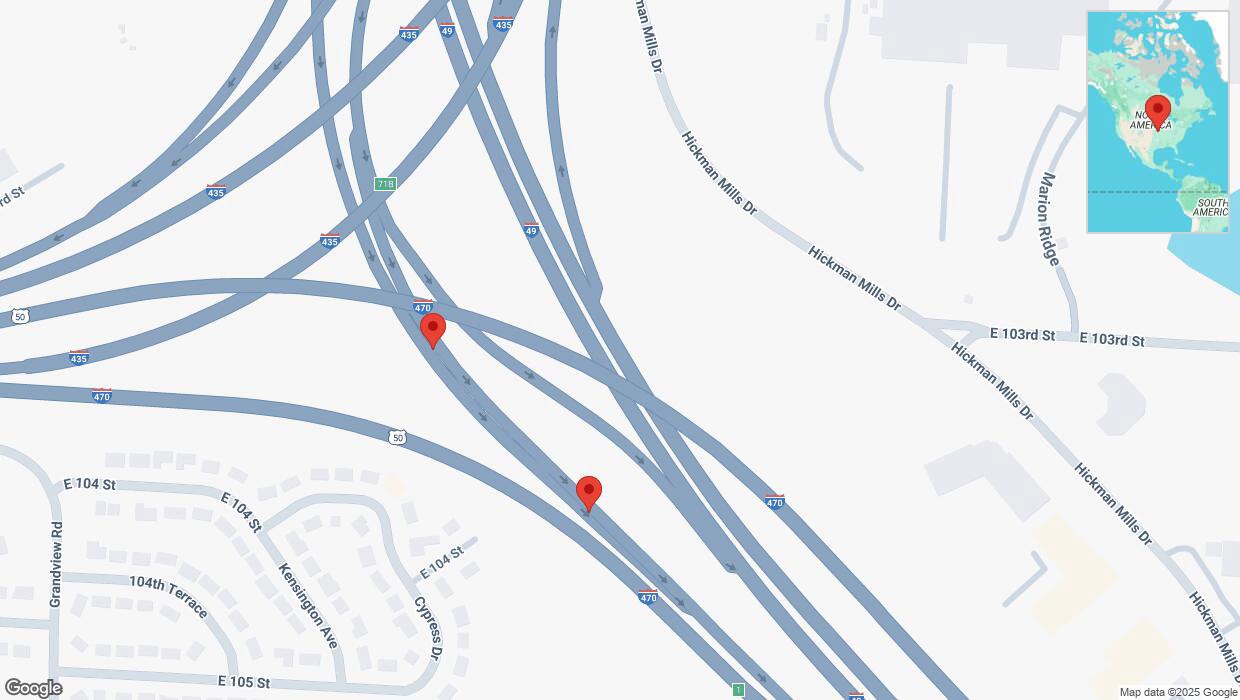A detailed map that shows the affected road due to 'Broken down vehicle on East 104 Street in Kansas City' on January 12th at 11:16 p.m.