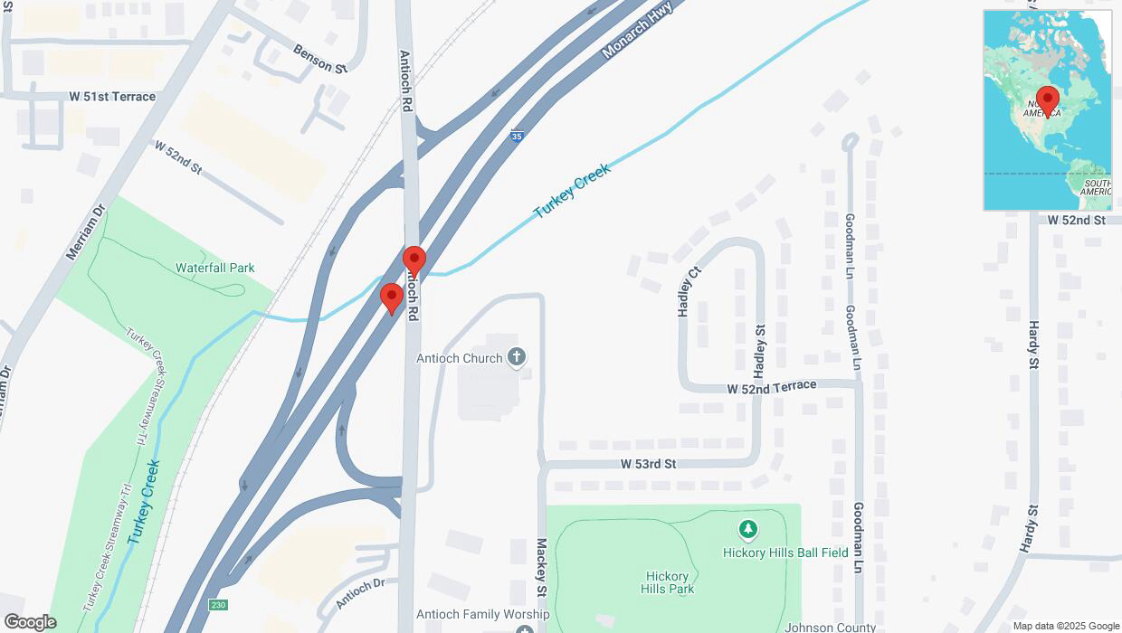 A detailed map that shows the affected road due to 'Broken down vehicle on northbound I-35 in Overland Park' on January 13th at 1:31 p.m.