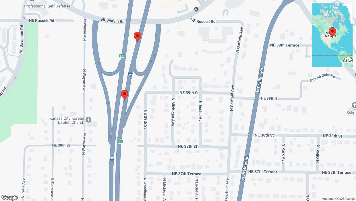 A detailed map that shows the affected road due to 'Broken down vehicle on northbound I-29/I-35 in Kansas City' on January 13th at 1:53 p.m.