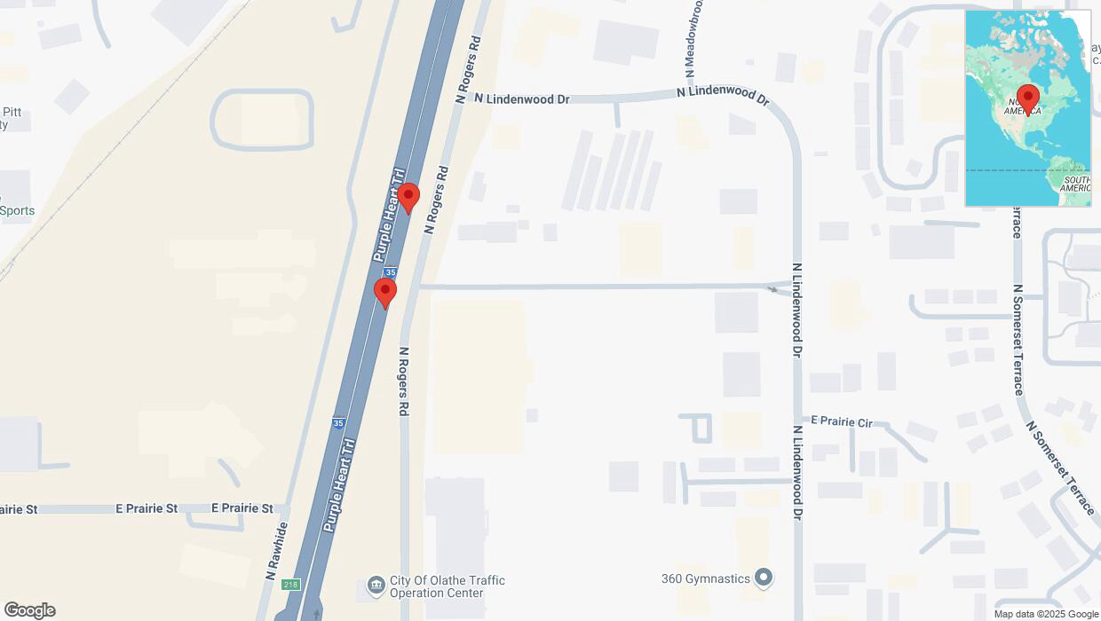 A detailed map that shows the affected road due to 'Broken down vehicle on eastbound I-35 in Olathe' on January 13th at 3:18 p.m.