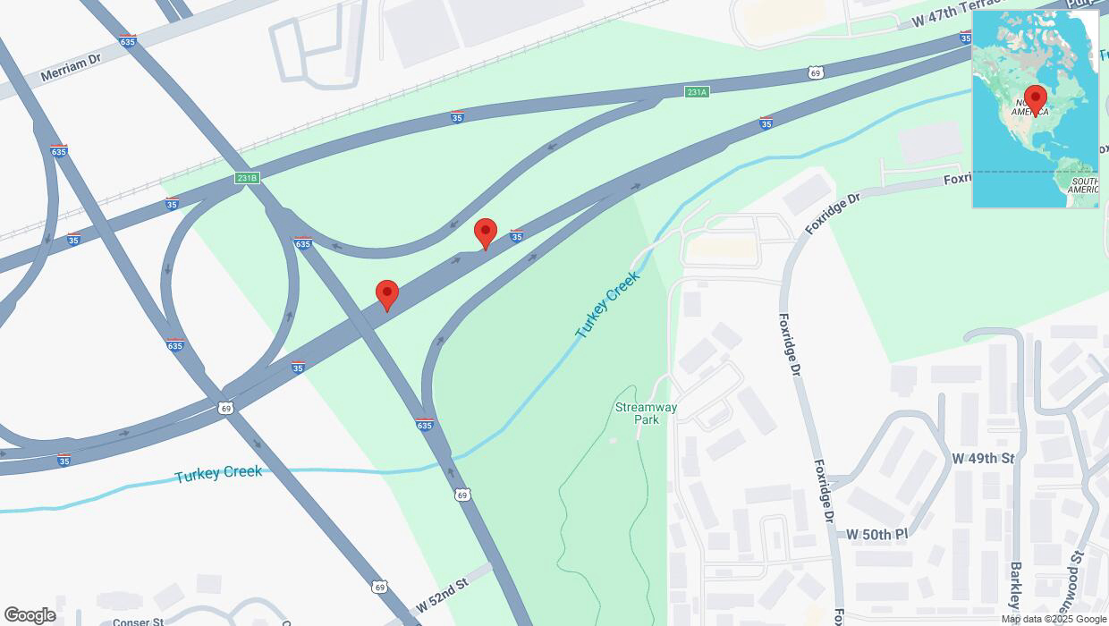 A detailed map that shows the affected road due to 'Broken down vehicle on northbound I-35 in Mission' on January 13th at 6:37 p.m.