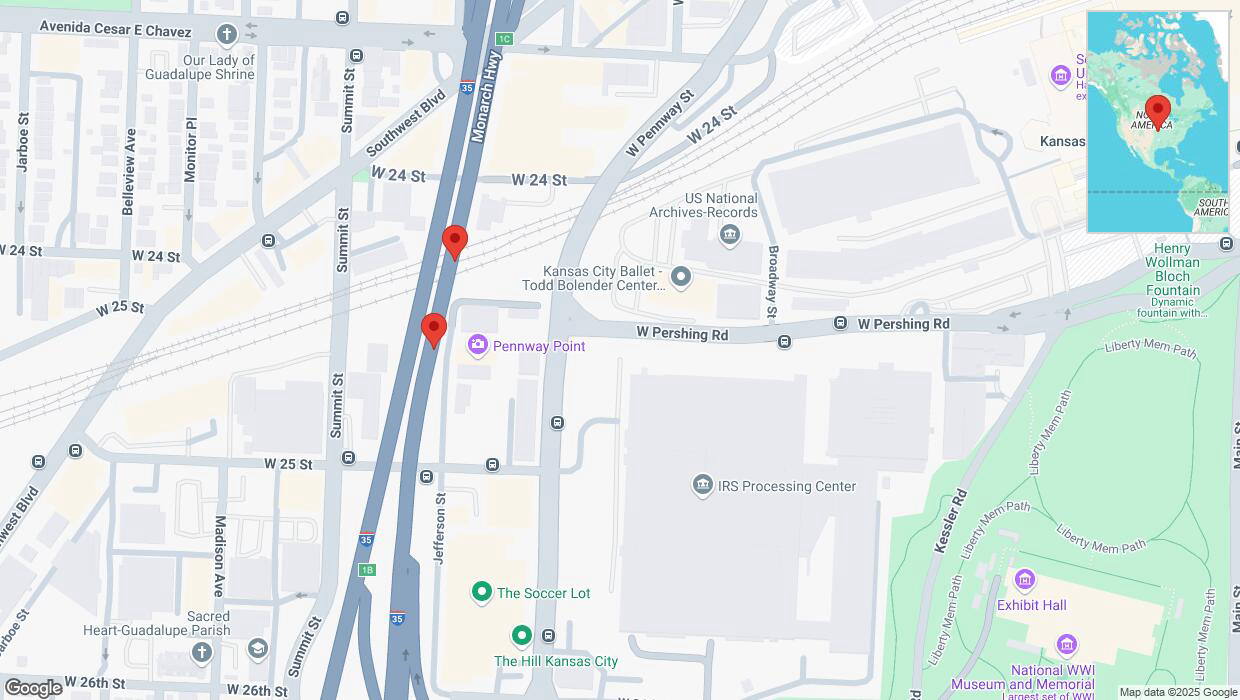 A detailed map that shows the affected road due to 'Broken down vehicle on northbound I-35 in Kansas City' on January 13th at 9:03 p.m.