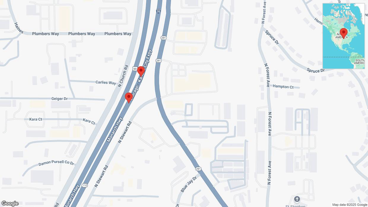 A detailed map that shows the affected road due to 'Broken down vehicle on northbound I-35 in Liberty' on January 14th at 5:41 p.m.