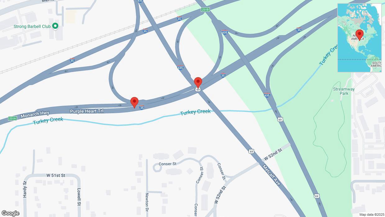 A detailed map that shows the affected road due to 'Broken down vehicle on northbound I-35 in Mission' on January 14th at 5:02 p.m.