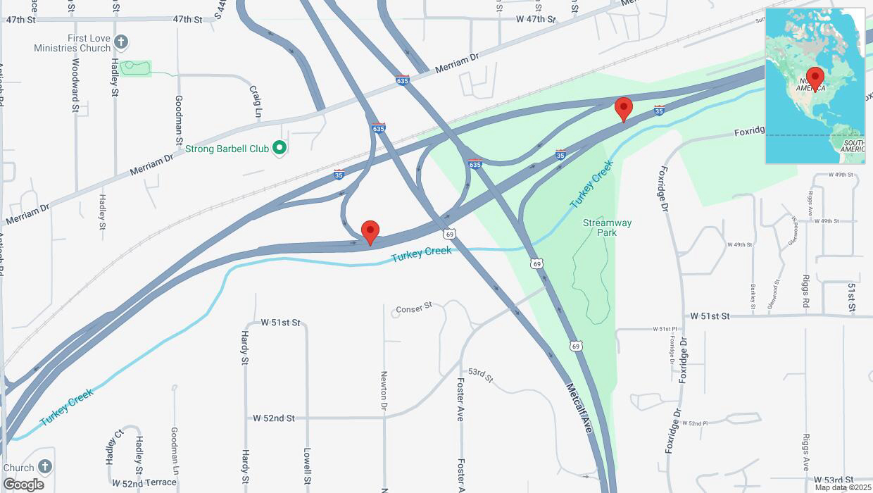 A detailed map that shows the affected road due to 'Broken down vehicle on northbound I-35 in Mission' on January 14th at 5:07 p.m.