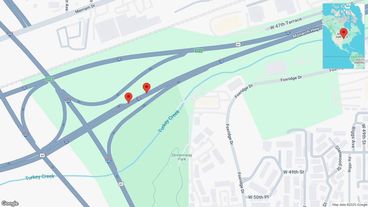 A detailed map that shows the affected road due to 'Broken down vehicle on northbound I-35 in Mission' on January 14th at 6:38 p.m.