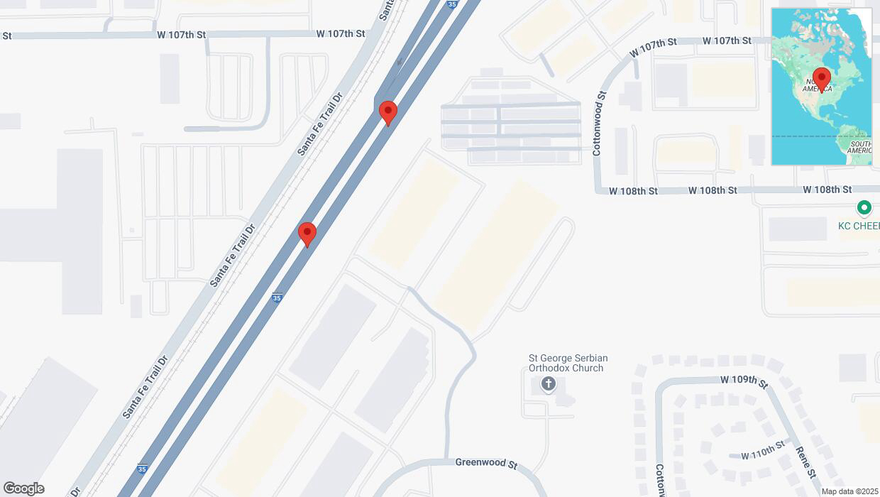 A detailed map that shows the affected road due to 'Broken down vehicle on eastbound I-35 in Lenexa' on January 14th at 6:54 p.m.