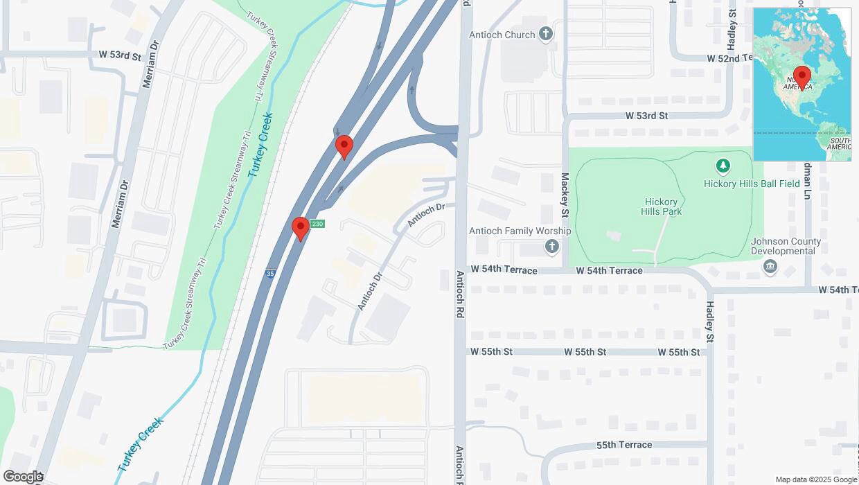 A detailed map that shows the affected road due to 'Crash reported on northbound I-35 in Merriam' on January 14th at 6:26 p.m.