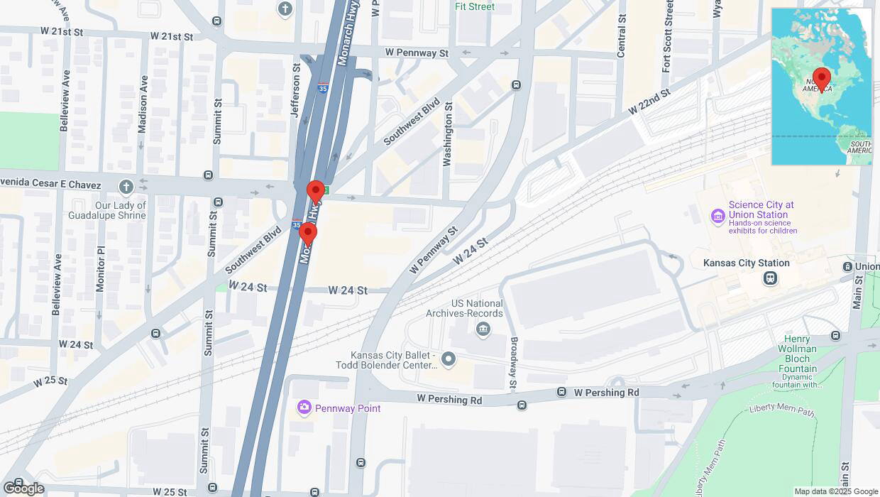 A detailed map that shows the affected road due to 'Broken down vehicle on northbound I-35 in Kansas City' on January 14th at 8:08 p.m.