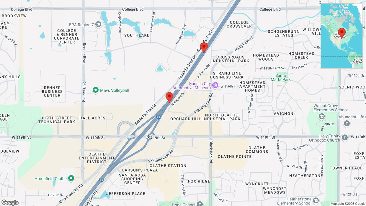 A detailed map that shows the affected road due to 'Broken down vehicle on eastbound I-35 in Olathe' on January 15th at 12:53 p.m.