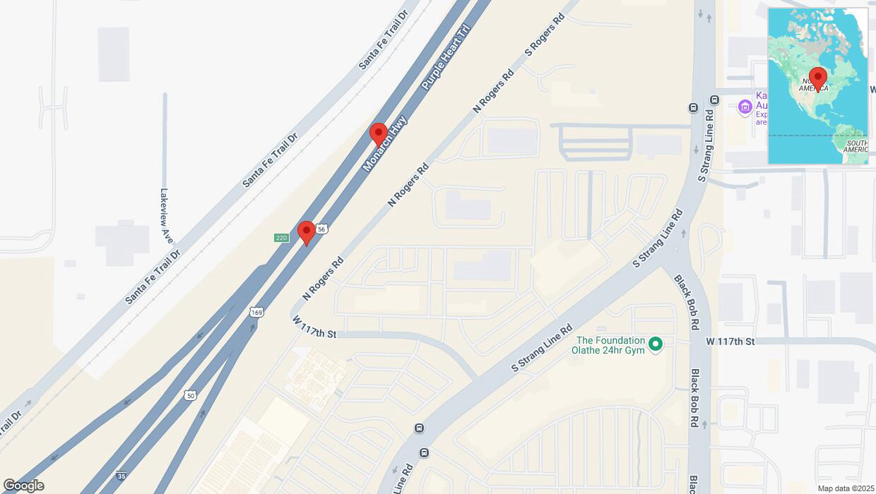A detailed map that shows the affected road due to 'Broken down vehicle on eastbound I-35 in Olathe' on January 15th at 12:42 p.m.