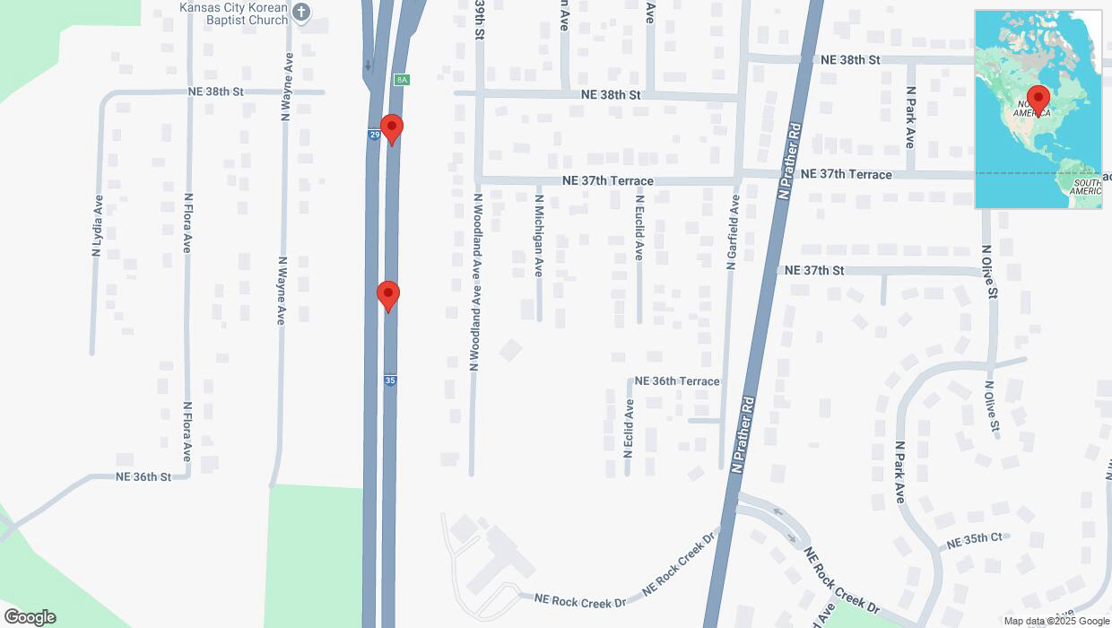 A detailed map that shows the affected road due to 'Broken down vehicle on northbound I-29/I-35 in Kansas City' on January 15th at 5:07 p.m.