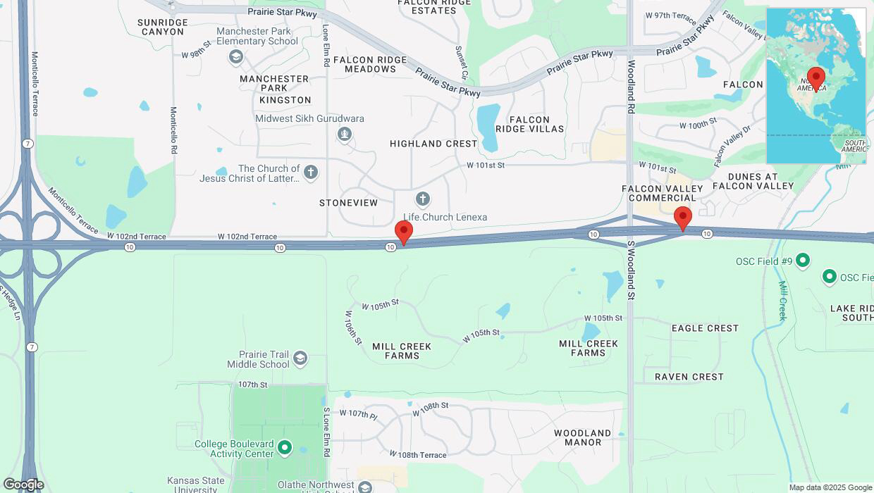 A detailed map that shows the affected road due to 'Crash reported on eastbound K-10 in Olathe' on January 15th at 2:58 p.m.
