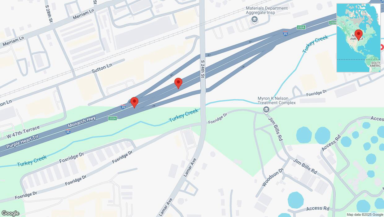 A detailed map that shows the affected road due to 'Broken down vehicle on northbound I-35 in Mission' on January 15th at 3:19 p.m.