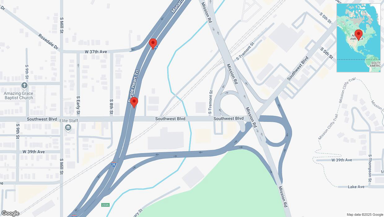 A detailed map that shows the affected road due to 'Crash reported on northbound I-35 in Kansas City' on January 15th at 11:05 p.m.