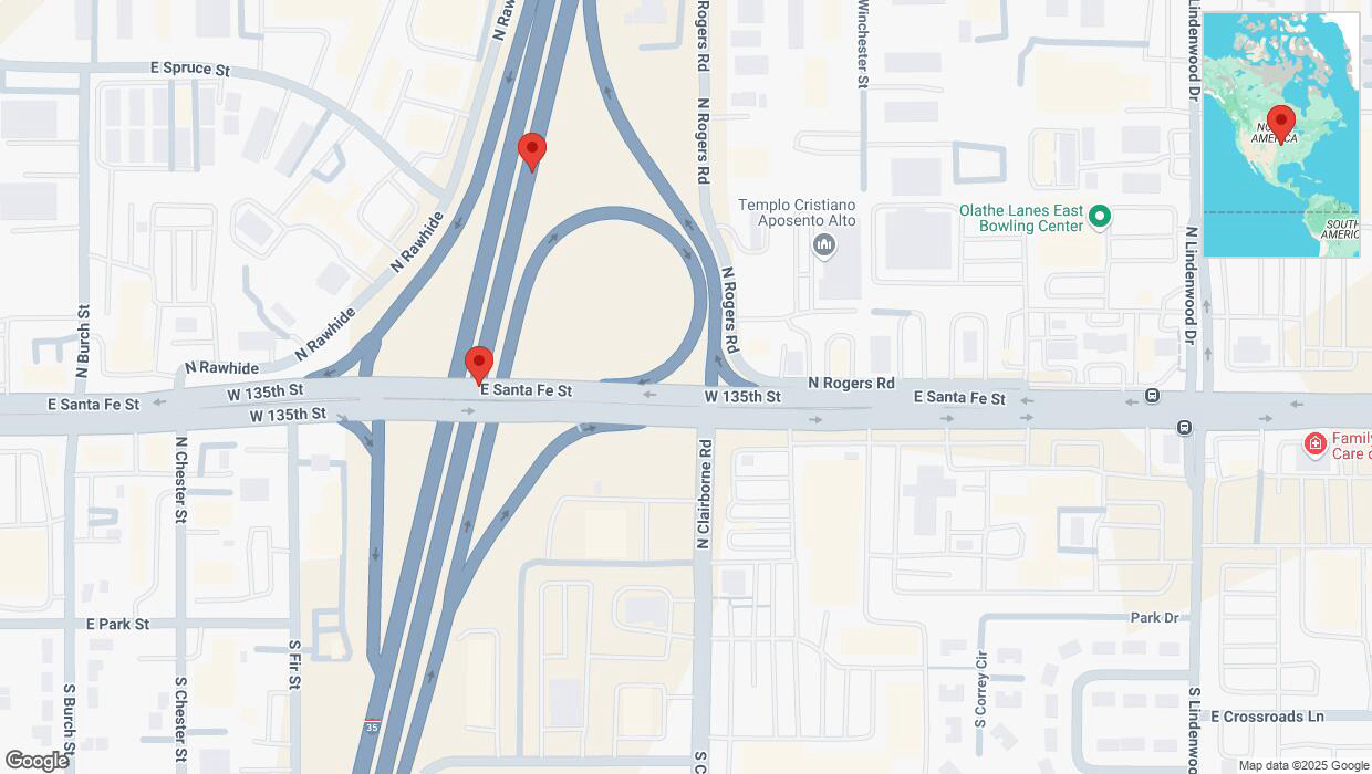 A detailed map that shows the affected road due to 'Broken down vehicle on eastbound I-35 in Olathe' on January 16th at 3:32 p.m.