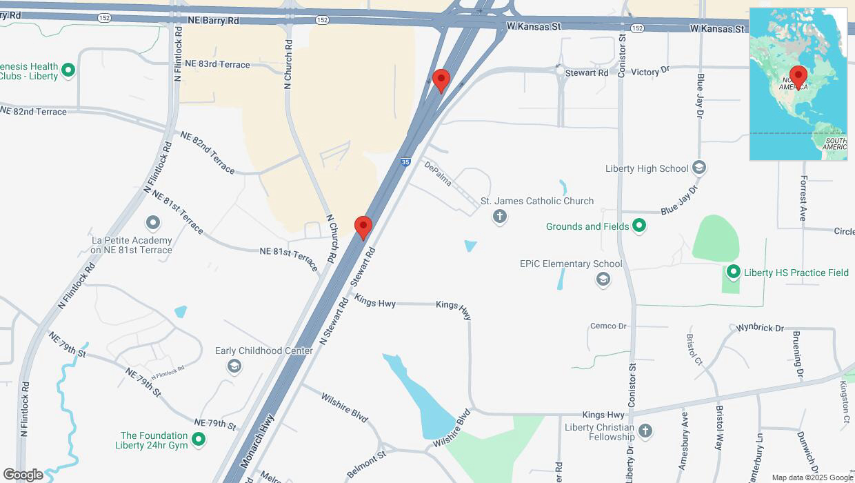 A detailed map that shows the affected road due to 'Broken down vehicle on northbound I-35 in Kansas City' on January 16th at 4:01 p.m.