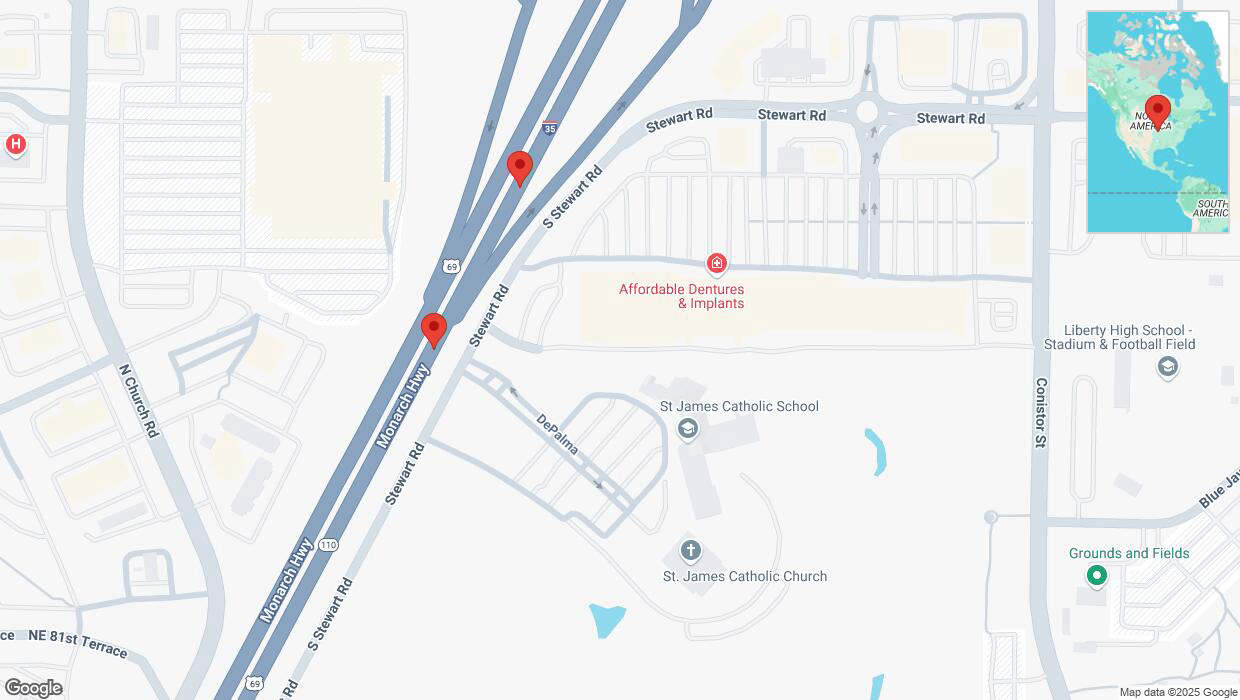 A detailed map that shows the affected road due to 'Broken down vehicle on northbound I-35 in Liberty' on January 16th at 4:06 p.m.