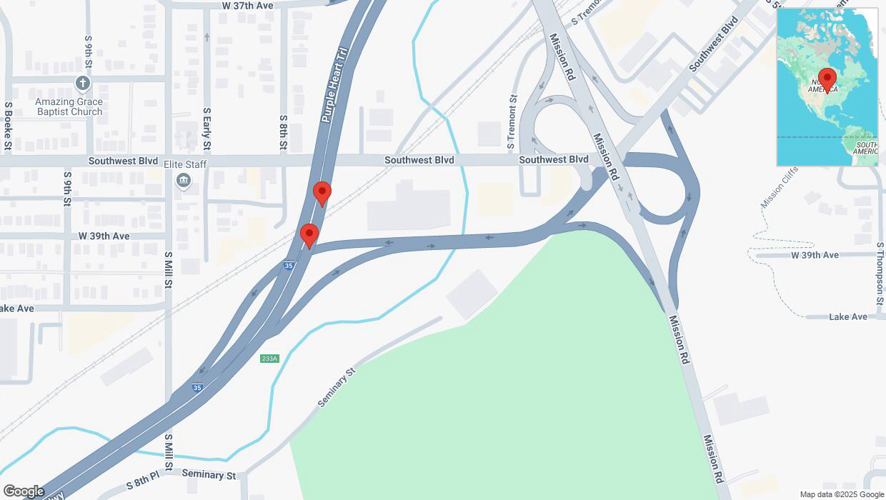 A detailed map that shows the affected road due to 'Broken down vehicle on northbound I-35 in Kansas City' on January 16th at 4:29 p.m.
