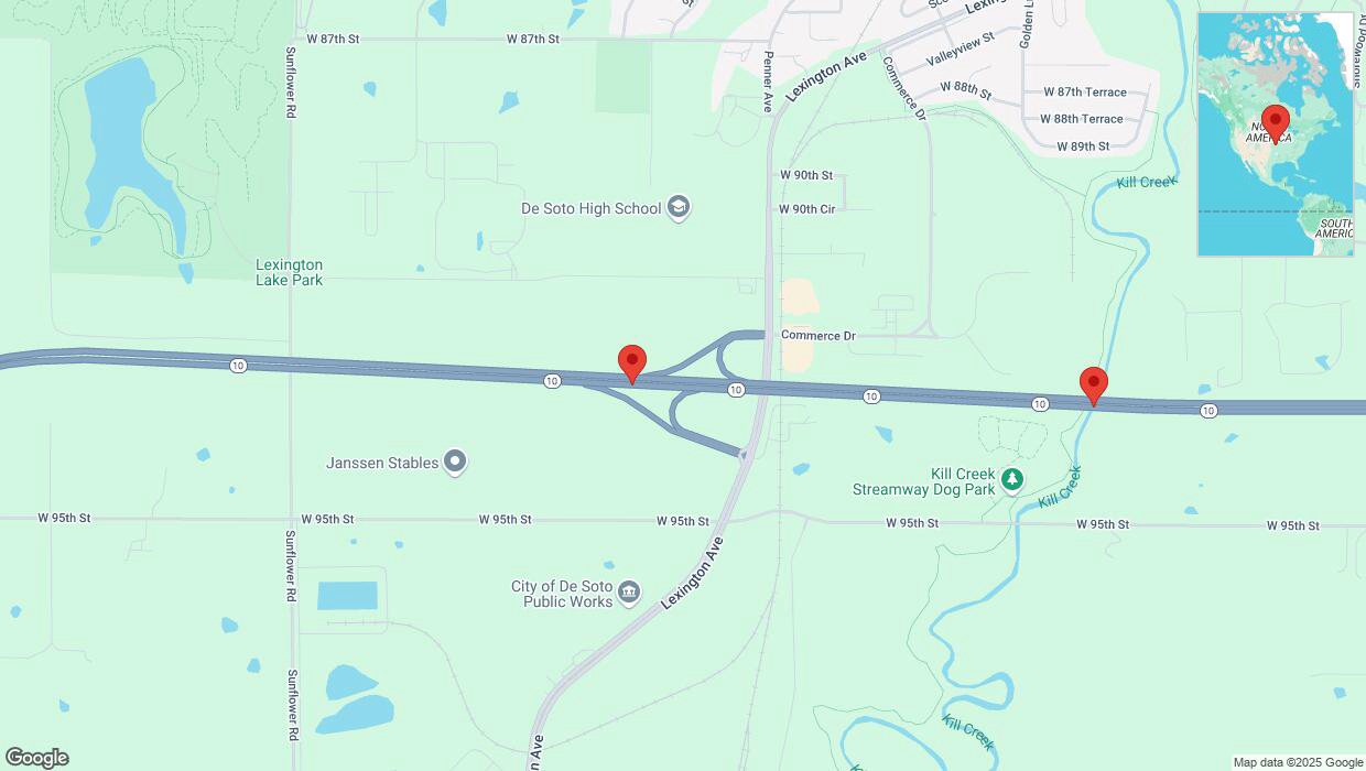 A detailed map that shows the affected road due to 'Warning in De Soto: Crash reported on eastbound K-10' on January 16th at 5:47 p.m.