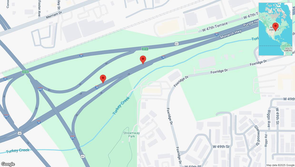 A detailed map that shows the affected road due to 'Broken down vehicle on northbound I-35 in Mission' on January 17th at 5:40 p.m.