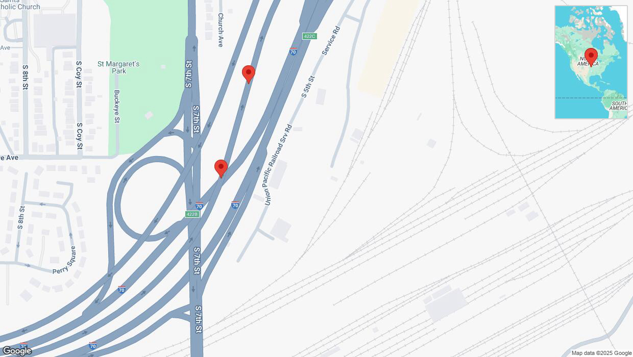 A detailed map that shows the affected road due to 'Broken down vehicle on eastbound I-670 in Kansas City' on January 17th at 6:13 p.m.