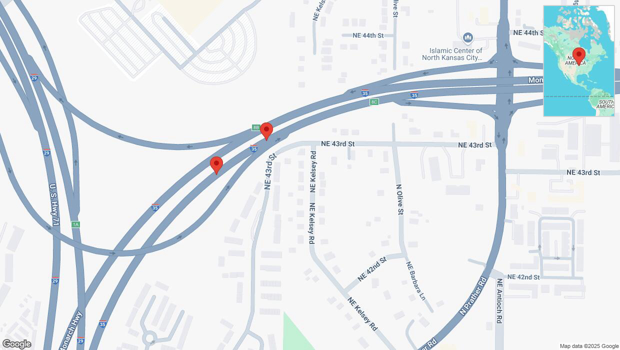 A detailed map that shows the affected road due to 'Broken down vehicle on northbound I-35 North in Kansas City' on January 18th at 3:01 p.m.