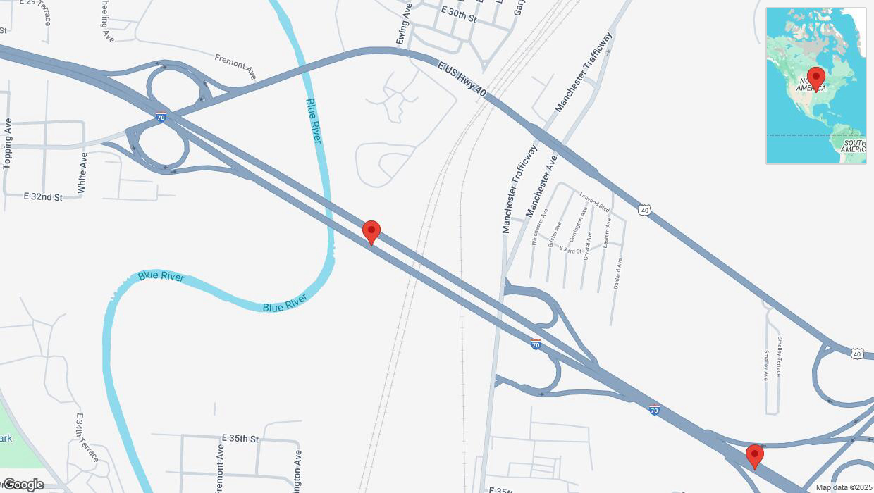A detailed map that shows the affected road due to 'Reports of a crash on eastbound I-70' on January 18th at 6:58 p.m.