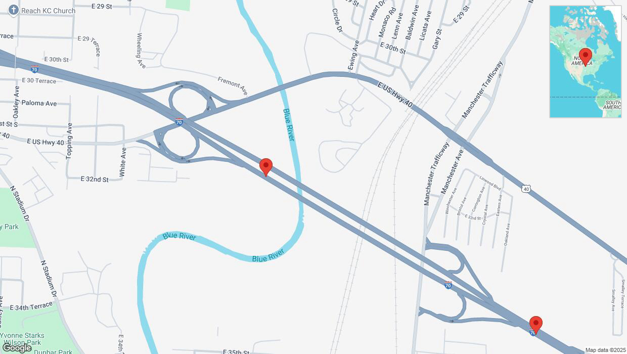 A detailed map that shows the affected road due to 'Warning: Crash on eastbound I-70 in Kansas City' on January 18th at 8:34 p.m.
