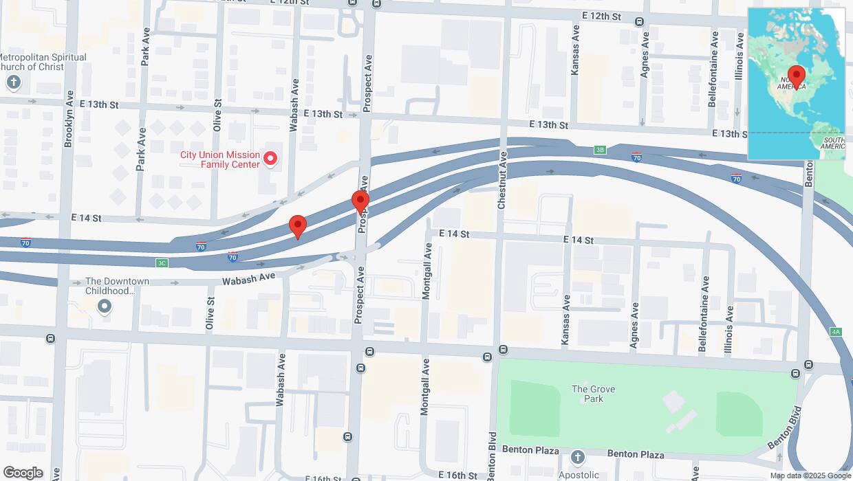 A detailed map that shows the affected road due to 'Broken down vehicle on eastbound I-70 in Kansas City' on January 18th at 9:40 p.m.