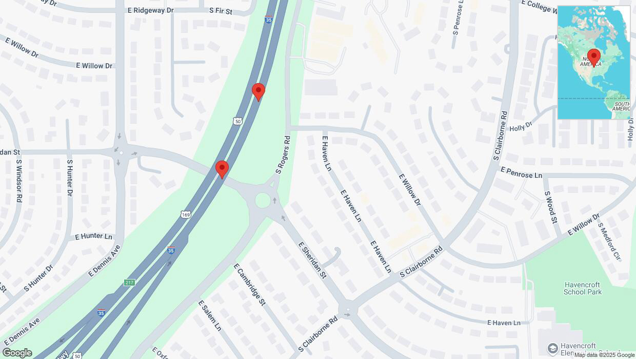A detailed map that shows the affected road due to 'Broken down vehicle on eastbound I-35 in Olathe' on January 18th at 10:03 p.m.