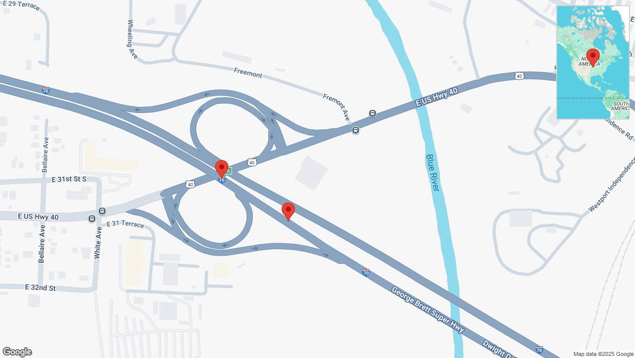 A detailed map that shows the affected road due to 'Broken down vehicle on eastbound I-70 in Kansas City' on January 18th at 10:37 p.m.