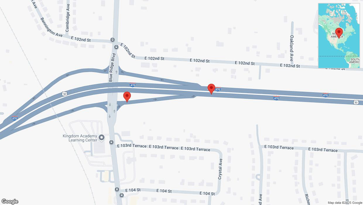A detailed map that shows the affected road due to 'Broken down vehicle on Blue Ridge Boulevard in Kansas City' on January 19th at 2:29 p.m.